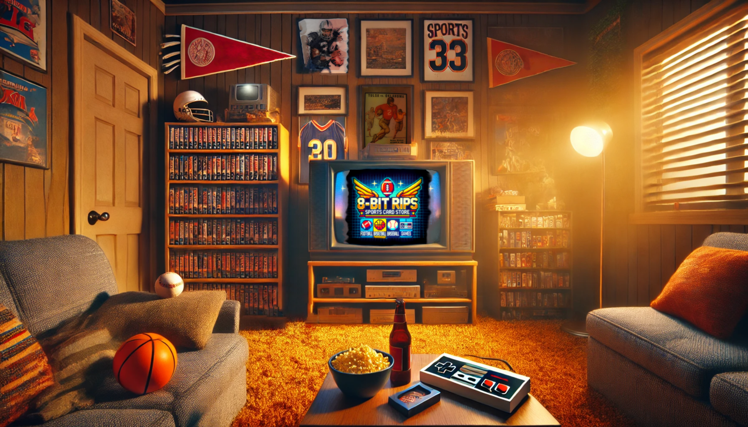 Vintage card boxes and a softly glowing CRT television in a warmly lit collection room