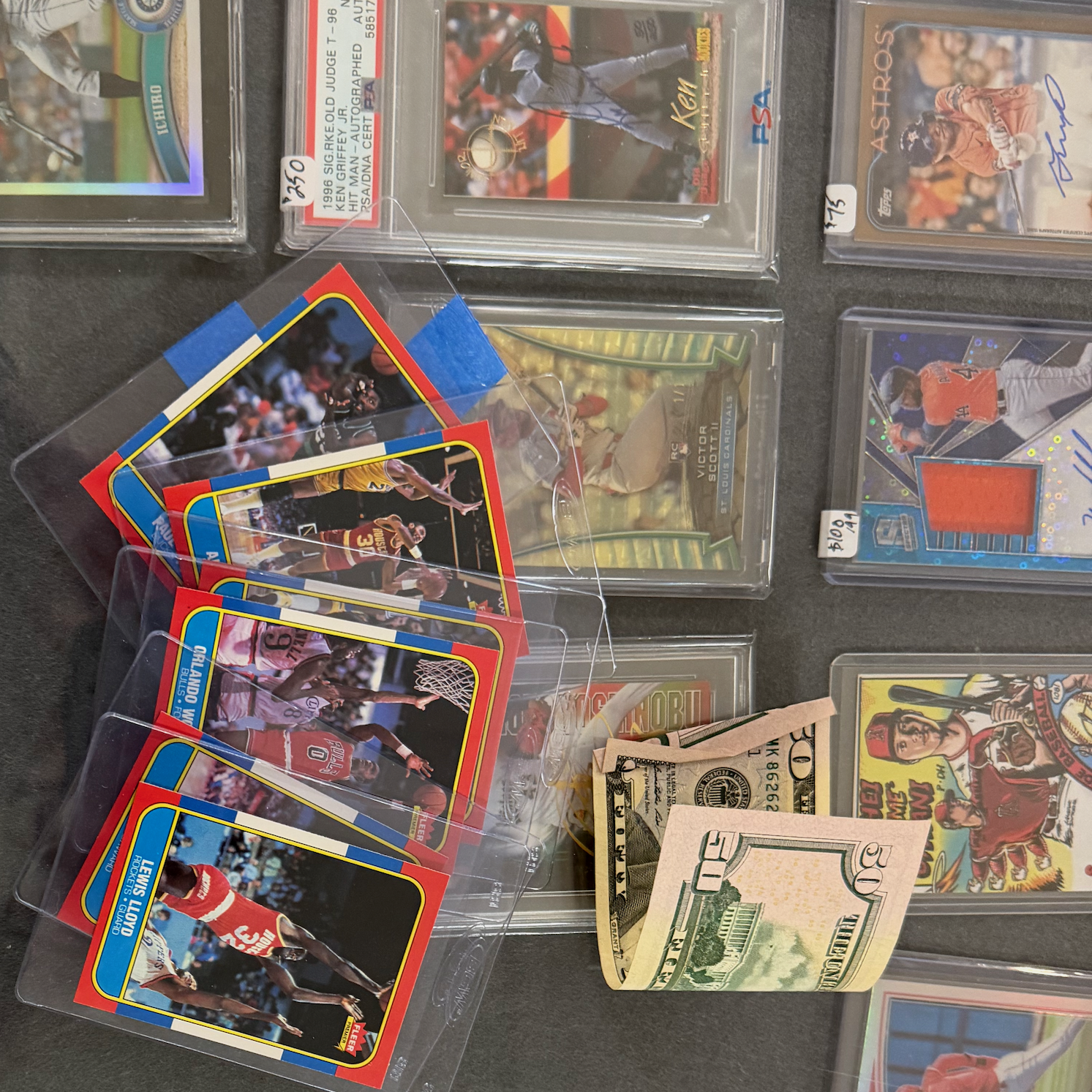 Vintage sports cards in protective sleeves