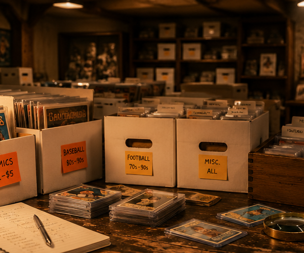 Sports cards, boxes, notes, and collectibles arranged on a warm tabletop