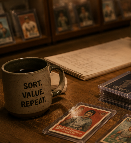 Hands sorting protected sports cards on a warm wooden table with card boxes nearby