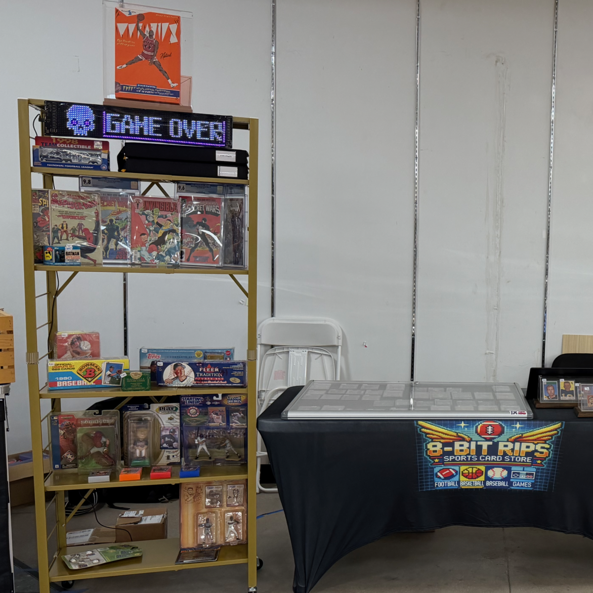 Organized rows of collectibles at a card show